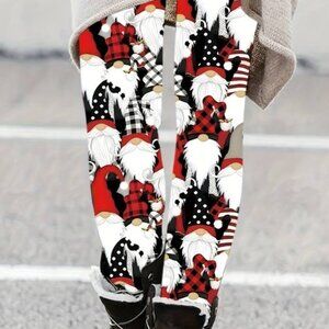 Christmas Gnome Print Leggings for Women, Casual Style Polyester-Spandex